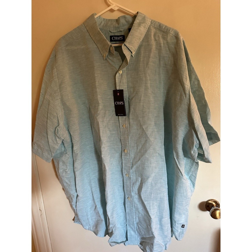 NWT Chaps Linen Cotton Button Up S/S Light Blue/White Shirt 3XLT Men Lightweight